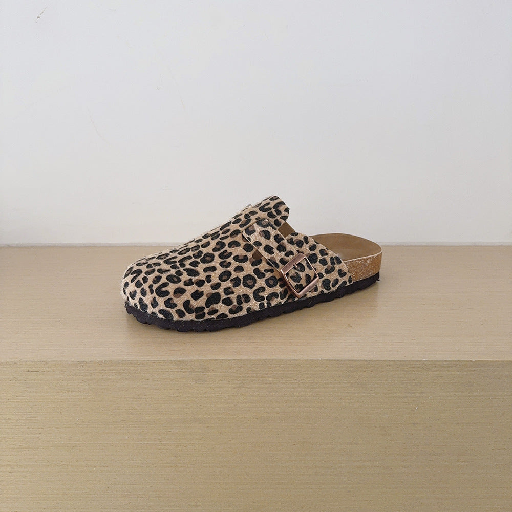 Women's Buckle Leopard Print Summer Closed Toe Half Support Slip-on Lofter Women's Casual Shoes