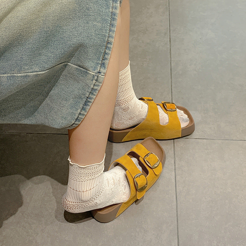 Women's Small Size French Retro Double Buckle Slip-on Women's Shoes
