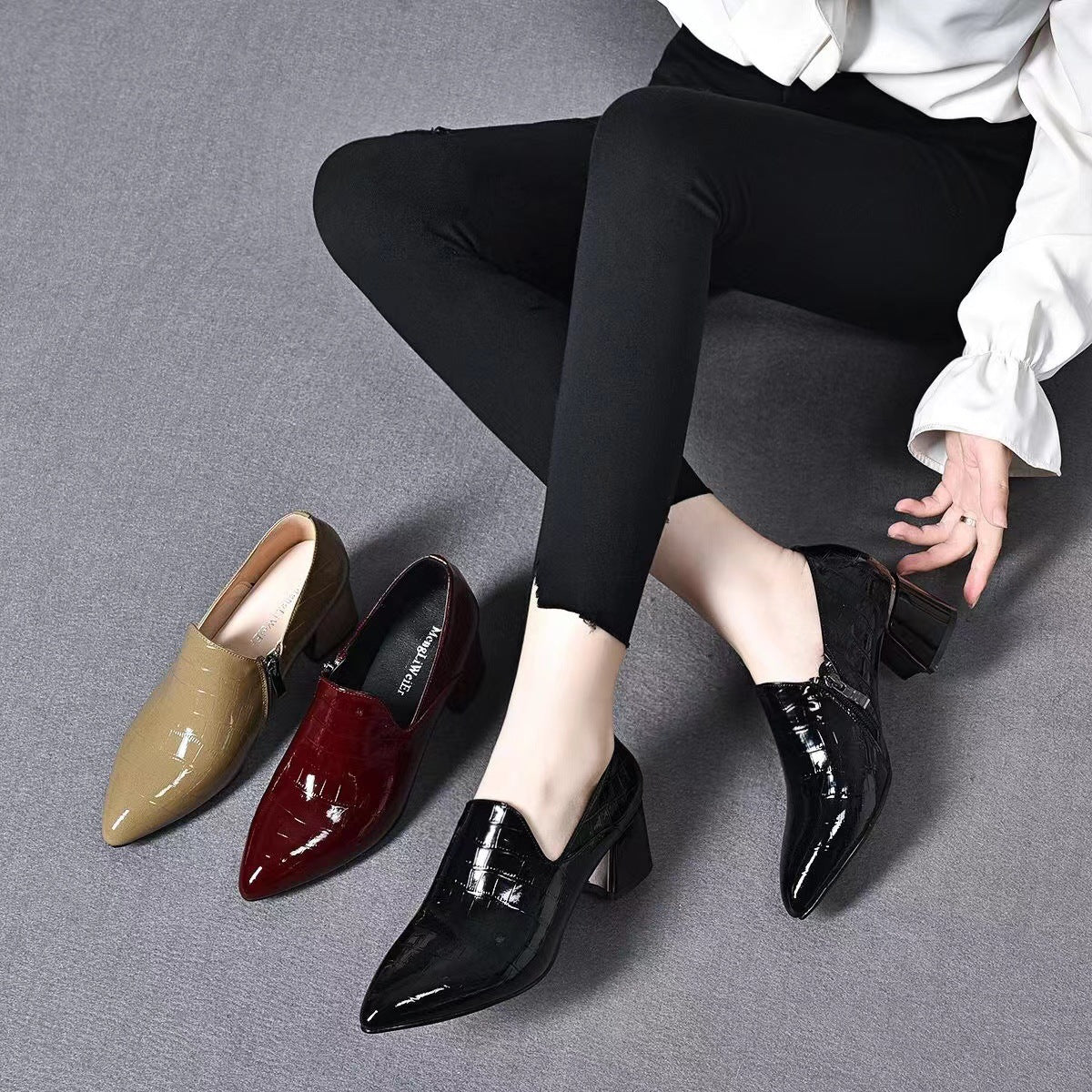 Women's Deep Mouth Pointed Toe Chunky Shiny Women's Fashion Shoes
