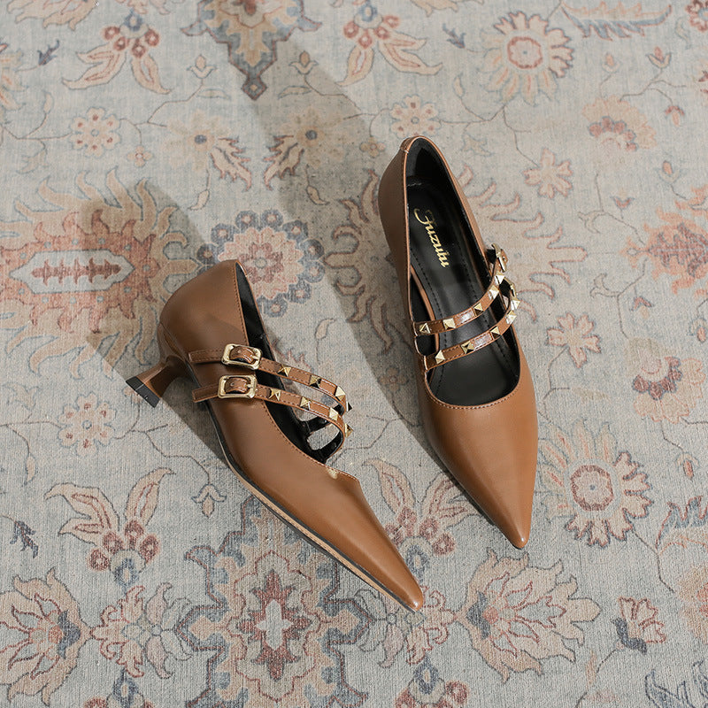 Women's Goddess Style Pumps Early Spring Fashionable Rivet Low-cut Stiletto Pointed Heels