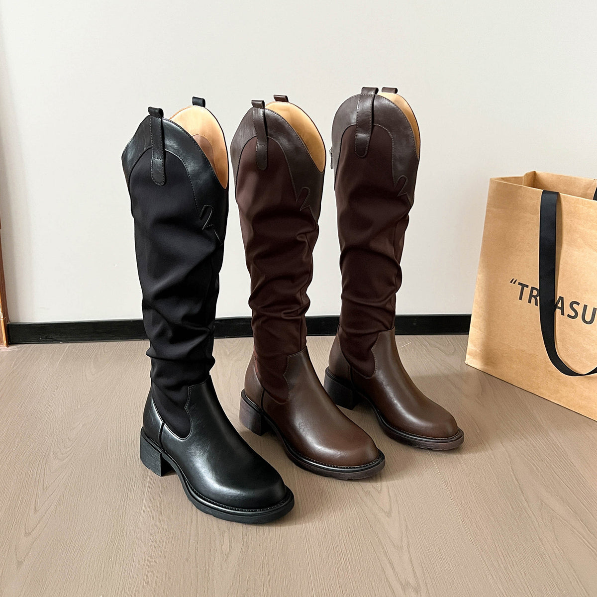 Women's The Knee V Cut High American Retro Western Cowboy Autumn Women's Leather Boots