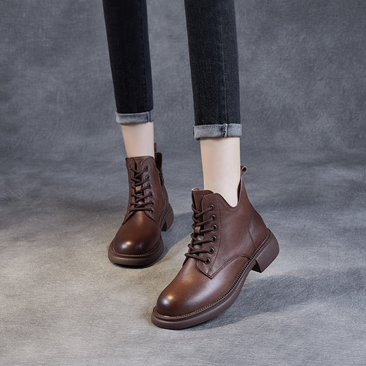 Women's Layer Cowhide V Cut Short Tube Boots