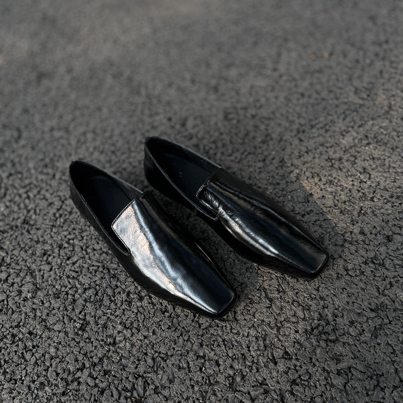 Women's Spring Cowhide Square Toe Flat Authentic Loafers