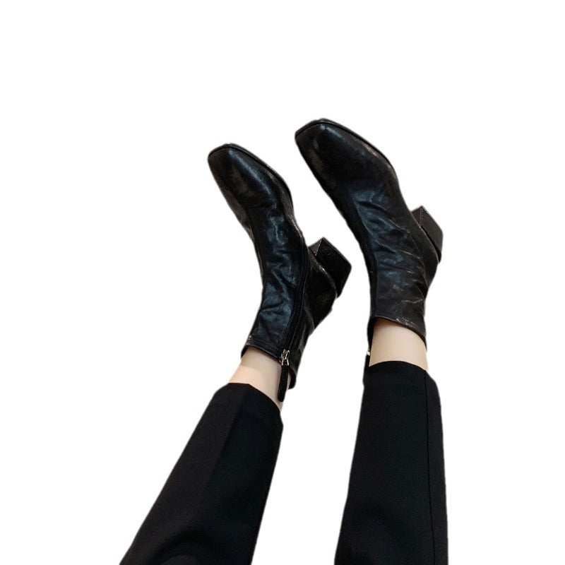 Style Square Head Washed Horse Thin Booties Boots