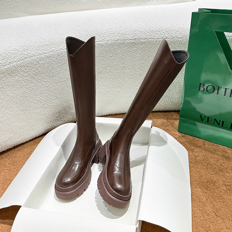 Female Brown Thick Sole Knight Below The Knee Boots