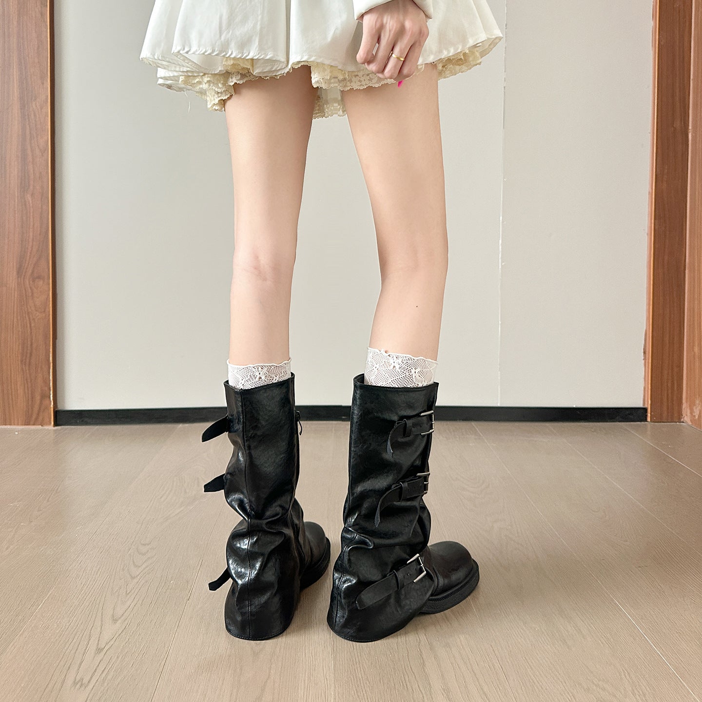 Belt Buckle Round Head Pleated Riding Pile Style Plus Veet Boots
