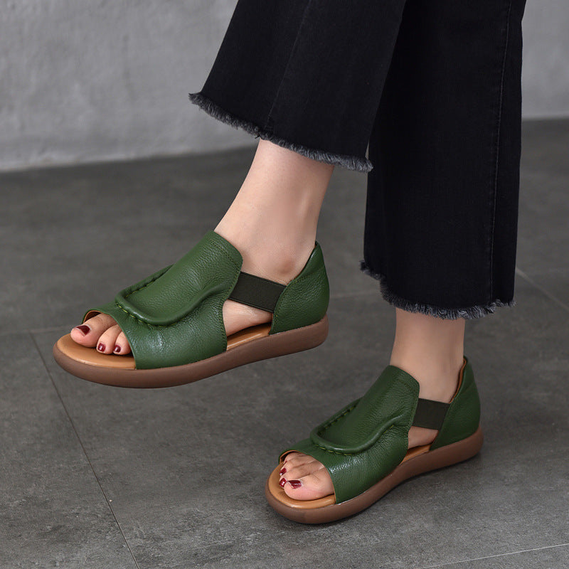 Women's Simple Genuine Summer Cowhide Hollow Open Toe Roman Style Elastic Flat Sandals