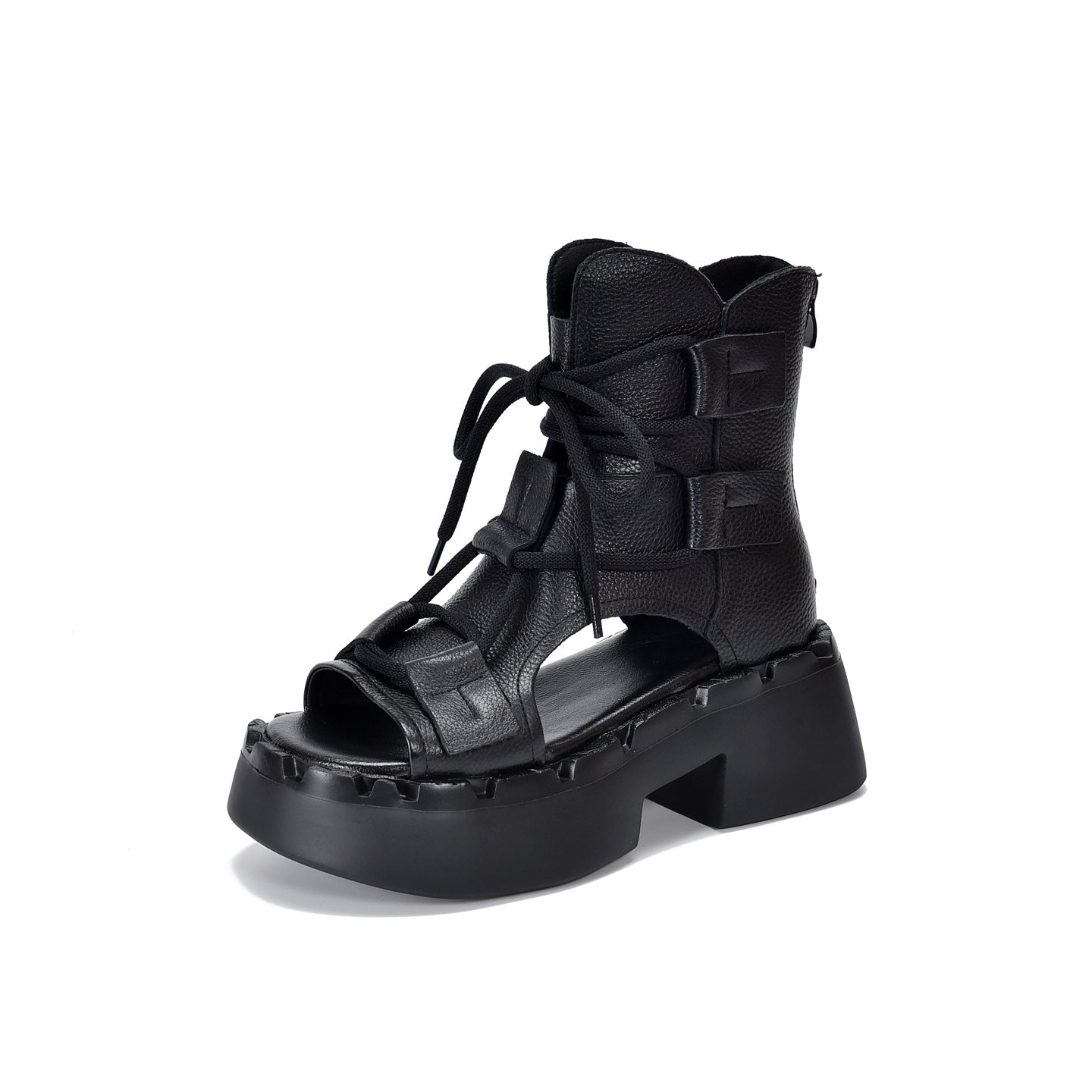 Women's Layer Cowhide Hollow Peep Toe Roman High Heeled Sandals