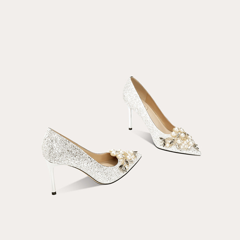 Women's Elegant Spring Sequined Pointed Pearl Sheepskin High Women's Shoes