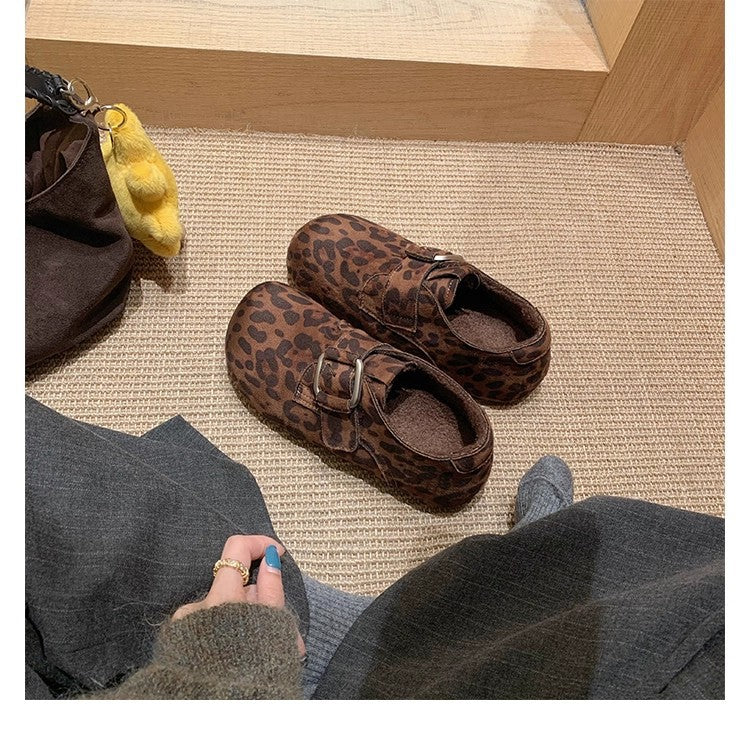 Women's Version Height Increasing Leopard Print All-inclusive Fleece-lined Fluffy Women's Fashion Shoes