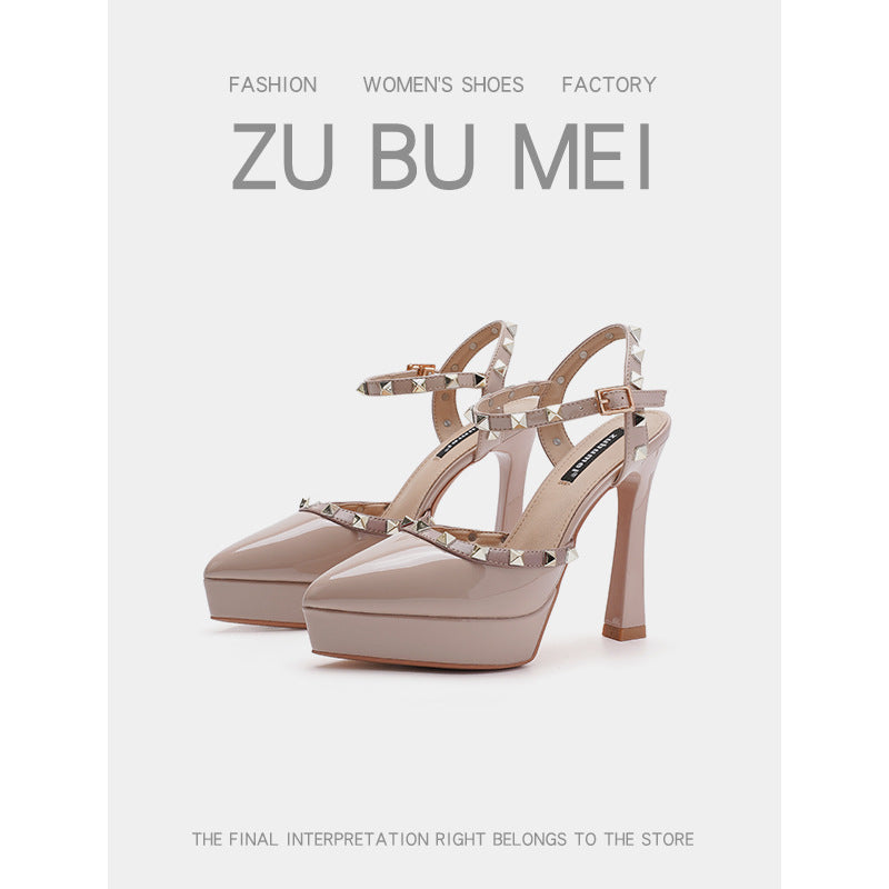 Women's Not Tired Feet Pumps Pointed Toe Stiletto Rivet Cap Back High Heeled Sandals