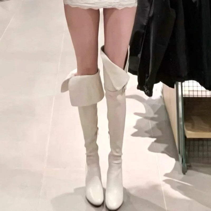 Women's Fashion Autumn Thick Slimming Pile Style Two-way Belt Buckle Retro Women's Leather Boots