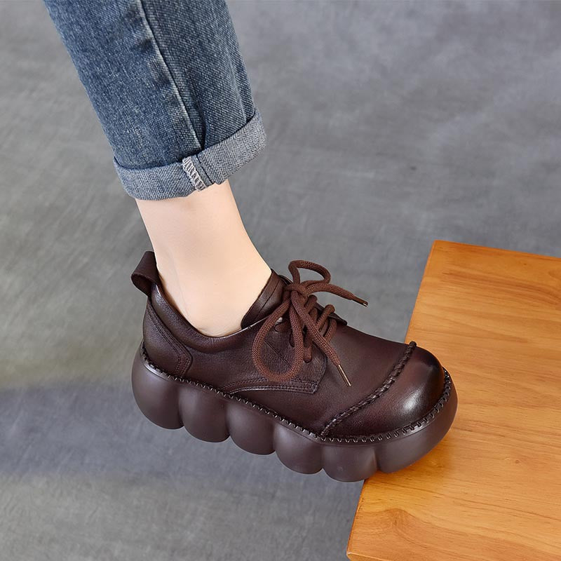 Round Toe Vintage British Style Thick Bottom First Layer Cowhide Women's Casual Shoes