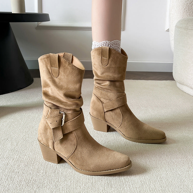 Women's Increasing Insole Version Chunky Western Cowboy High Slimming Women's Leather Boots