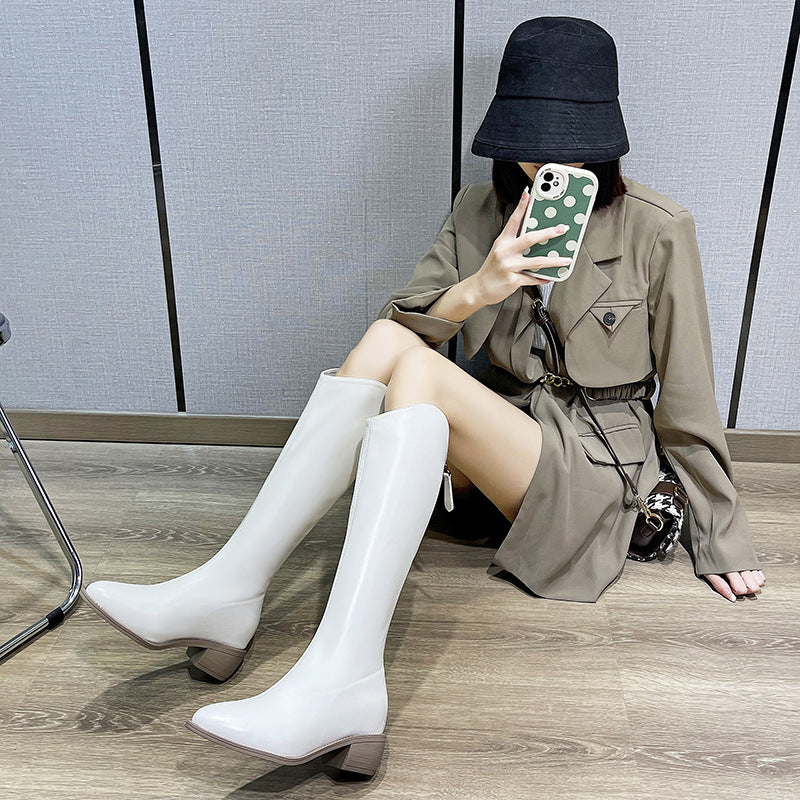 Small Pointed Toe Knight Female Autumn Fleece-lined With Hidden Slimming Women's Leather Boots
