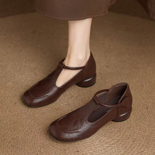 Women's Brown Low Round Toe Flats Spring Soft Genuine Chunky Women's Fashion Shoes