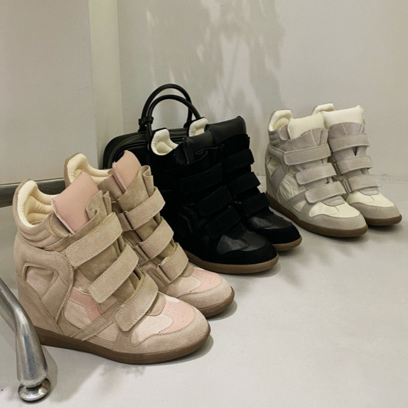 Women's Velcro Invisible Height Increasing Insole Wedge Color Matching Sports Leather Shoes