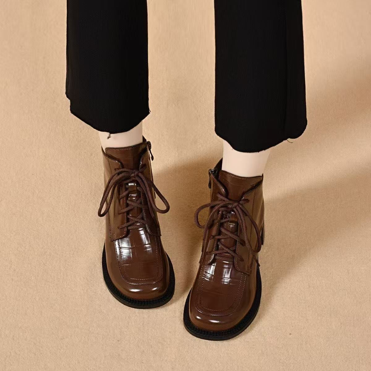 Women's Chunky Autumn Round Toe British Style High Leather Shoes