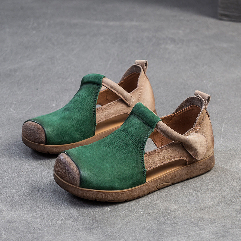 Women's Layer Cowhide Velcro Pig Nose Hollow Flat Sandals