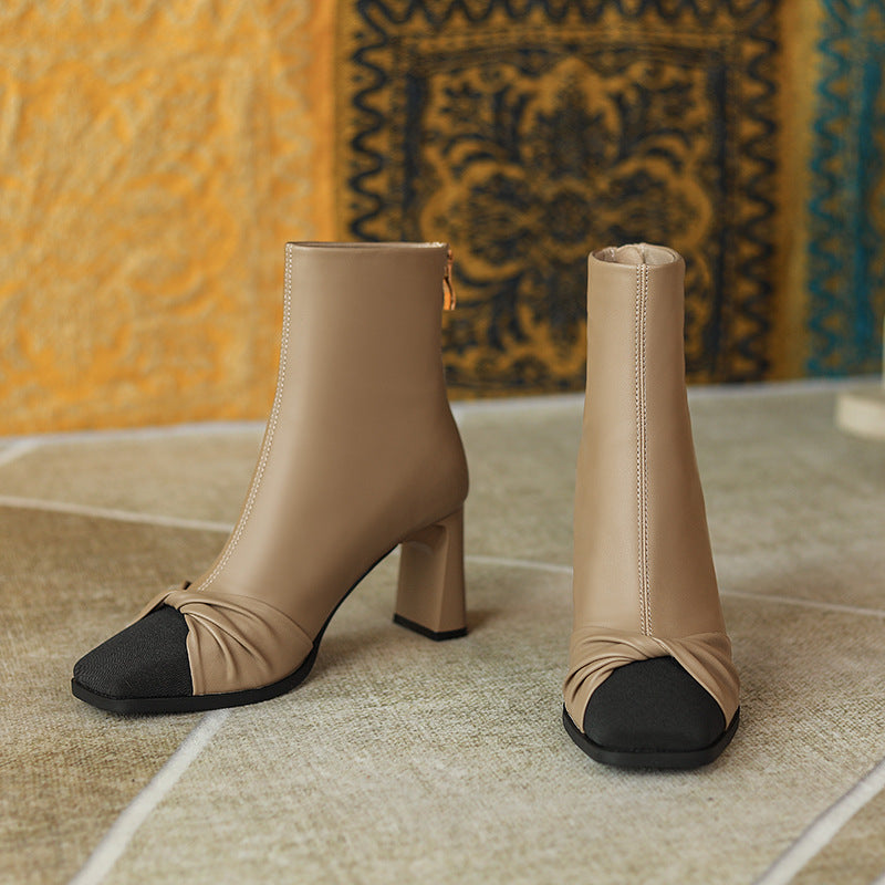 French Retro Hepburn Style Short Chunky High Boots