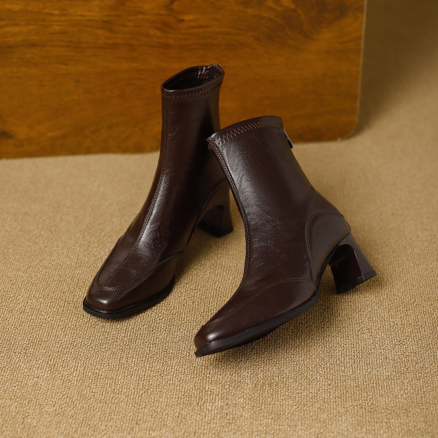 Women's Square Toe Booties Chunky Back Zip Soft Artistic Retro Style Women's Leather Boots