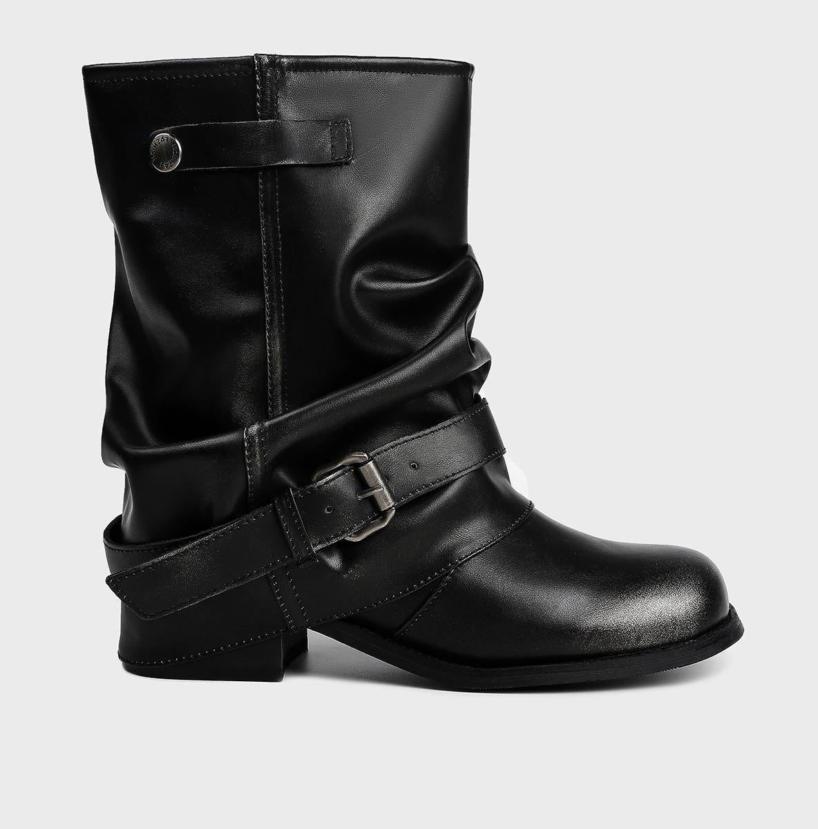 Women's Cowhide Version Large Tube Circumference Pleated Pile Style Western Cowboy Heels