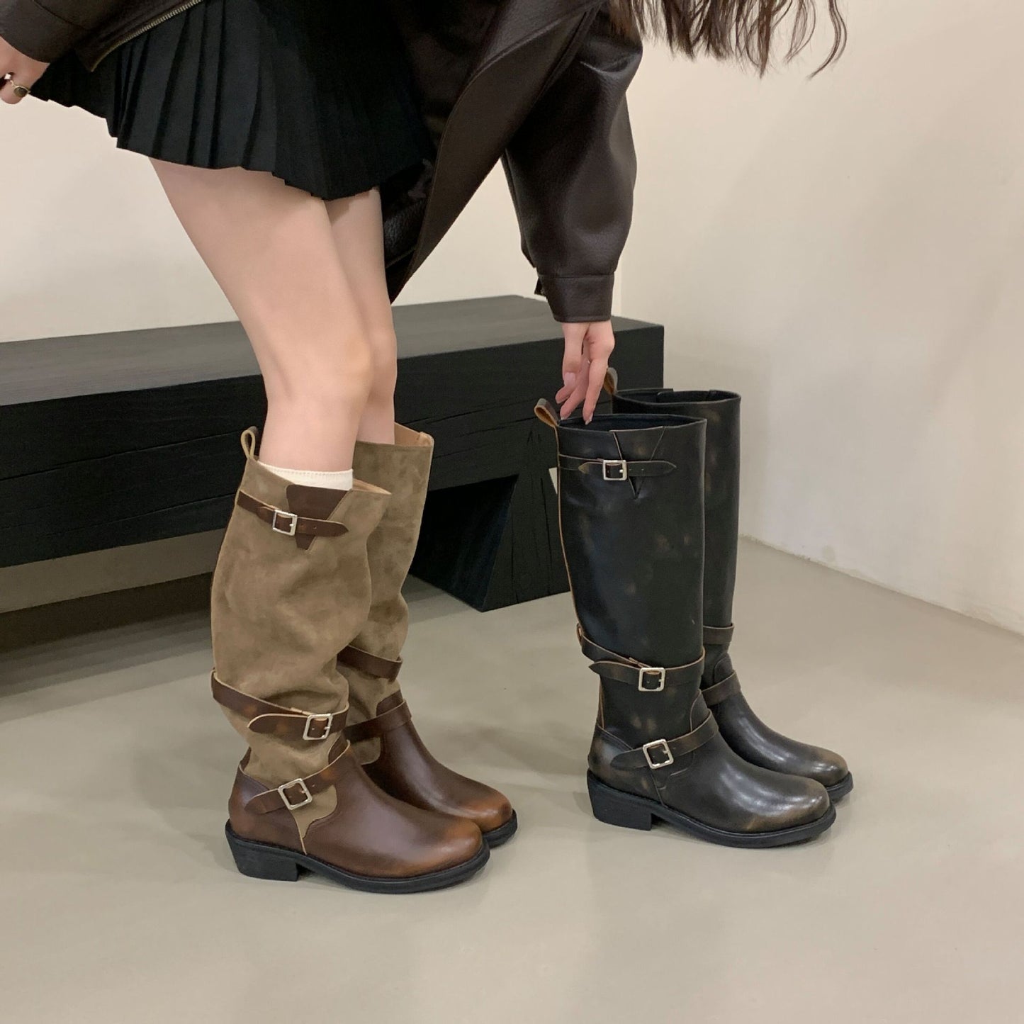Heavy-duty Knight Distressed Rubbed Color Pleated Long Female Autumn Chunky Women's Leather Boots