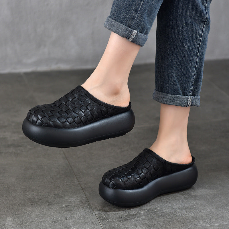Women's Cowhide Vintage Hand-woven Closed Toe Light Outer Wear Thick Bottom Heels