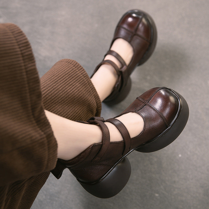 Women's Layer Cowhide Vintage Mary Jane Thick Bottom Heightened Single Round Women's Casual Shoes