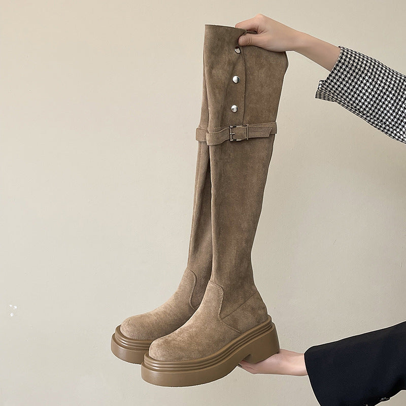Women's Fashion Tribe Two Wear Fold Thick Bottom Chunky Women's Leather Boots