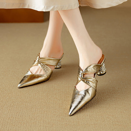 Women's Sheepskin Pointed Toe Cap Summer Wear Stylish High Heeled Sandals