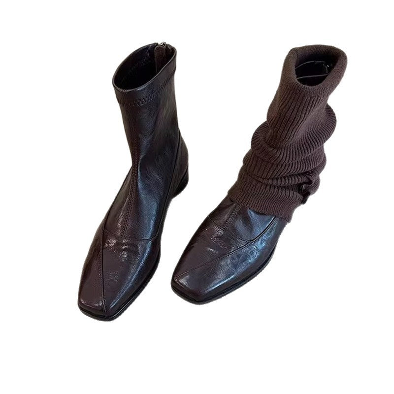 Women's Version Genuine Minimalist Commute Short Slimming Back Zipper Chunky Square Women's Leather Boots