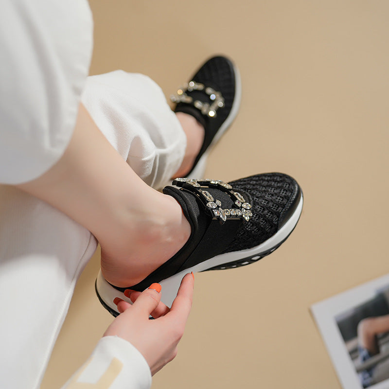 Women's Summer Rhinestone Square Buckle Half With Casual Shoes