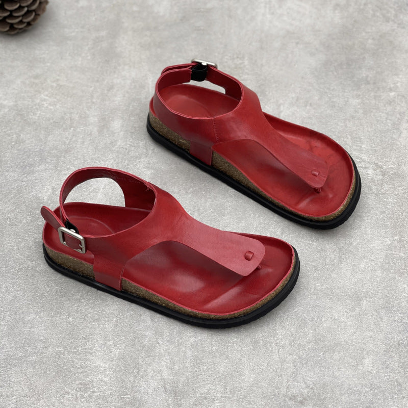 Women's Handmade Genuine Herringbone Toe Covering Solid Color Square Buckle Simple Flat Sandals