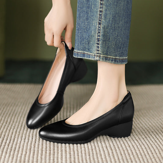 First Layer Cowhide Thick Pumps Female Women's Shoes