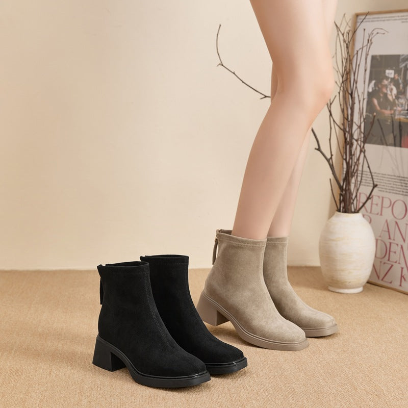 Women's Back Zipper Square Toe Thick Thin Vintage Fashion Suede High Women's Leather Boots