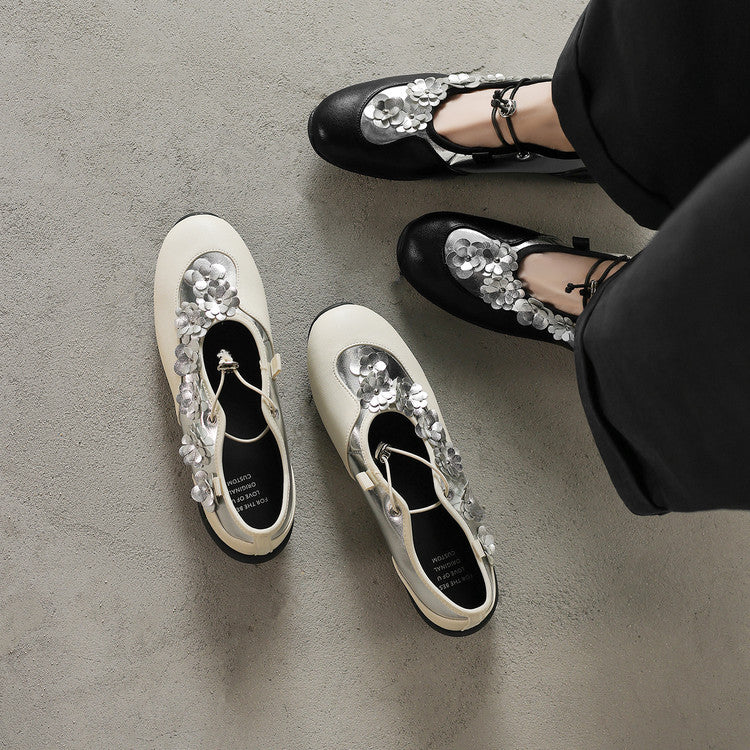 Women's Flower Mary Jane Platform Genuine Round Head Heels
