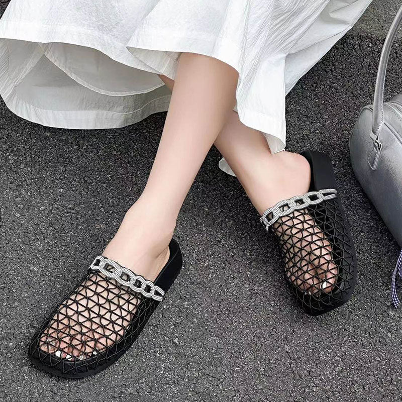 Fishnet Rhinestone Niche Flat Closed Toe Slippers