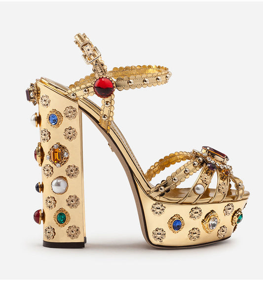 Women's Gold Mirror Rhinestone Flower Show Waterproof Platform High Heeled Sandals