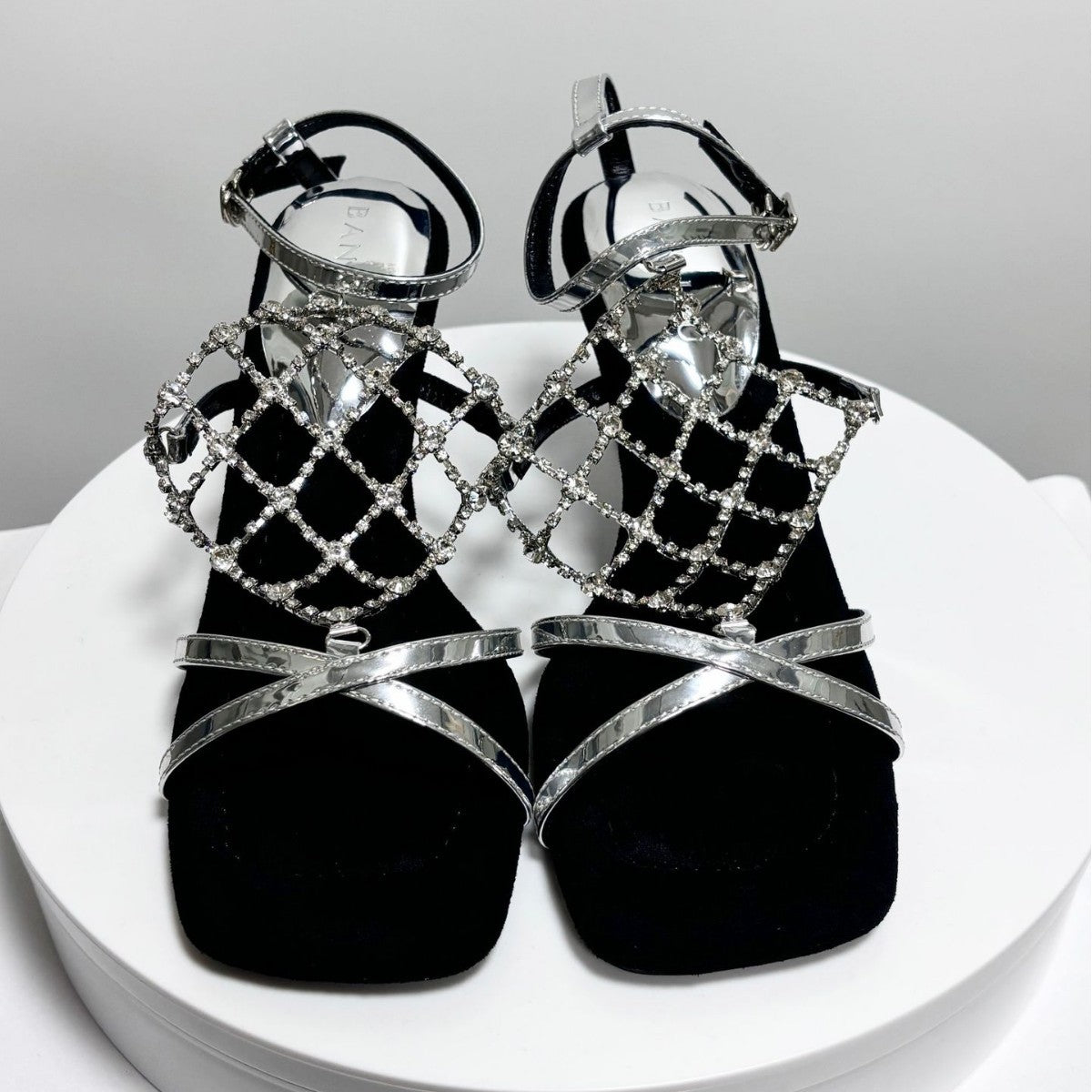 Women's Mesh Chain Rhinestone High-heeled Square Toe Gold Sier Sandals