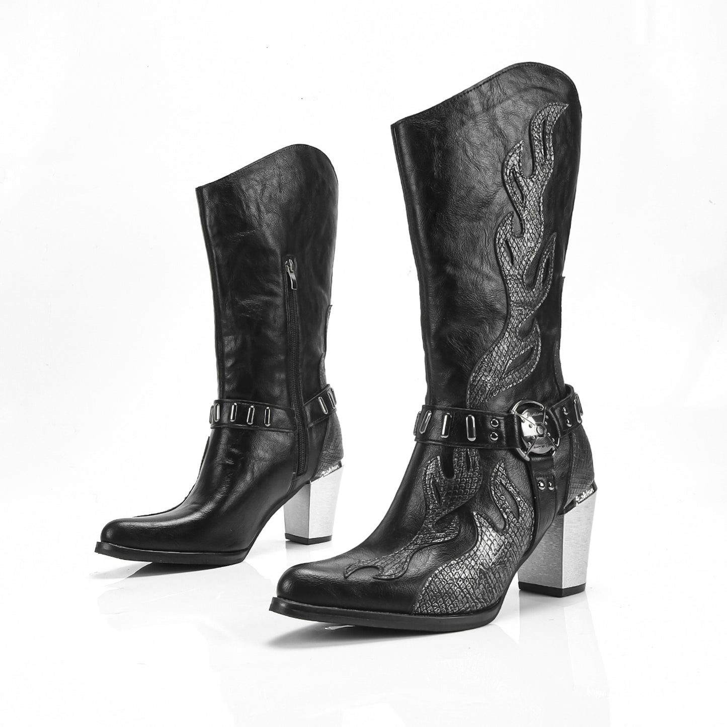 Size Polished Flame Middle Side Zipper Fashion Retro Chunky Western Women's Leather Boots