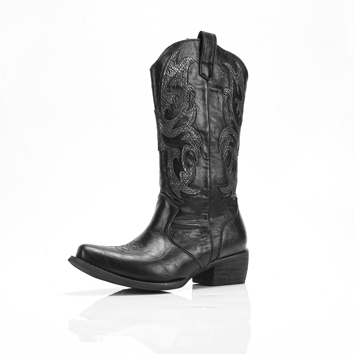 The Knee Middle Vintage Embroidery Square Toe Chunky Women's Leather Boots