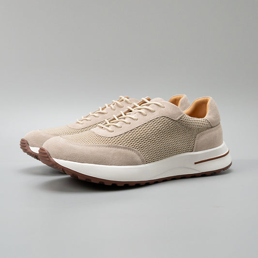 Men's Sand Color Lightweight Breathable Mesh Stitching Cow Split Men's Casual Leather Shoes