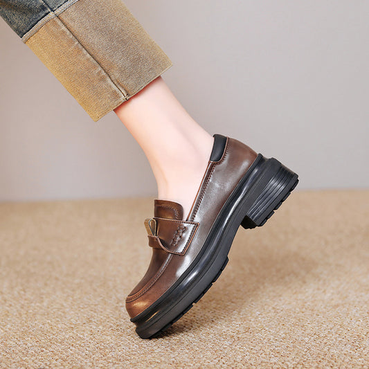 Women's French Style Temperament Pumps Round Head Chunky Brown Leather Shoes