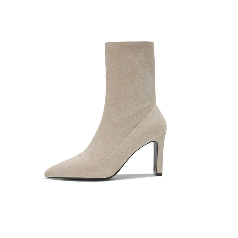 Women's Pointed Ankle Suede Chunky High Fashion Korean Women's Leather Boots