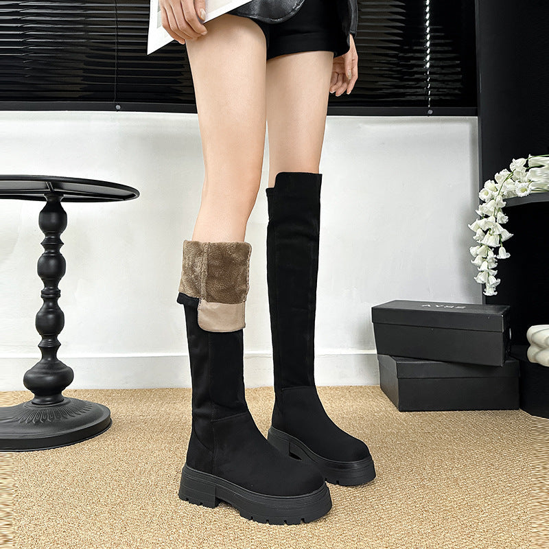 Women's Black Small Slimming Winter Thick Bottom Elastic Women's Leather Boots