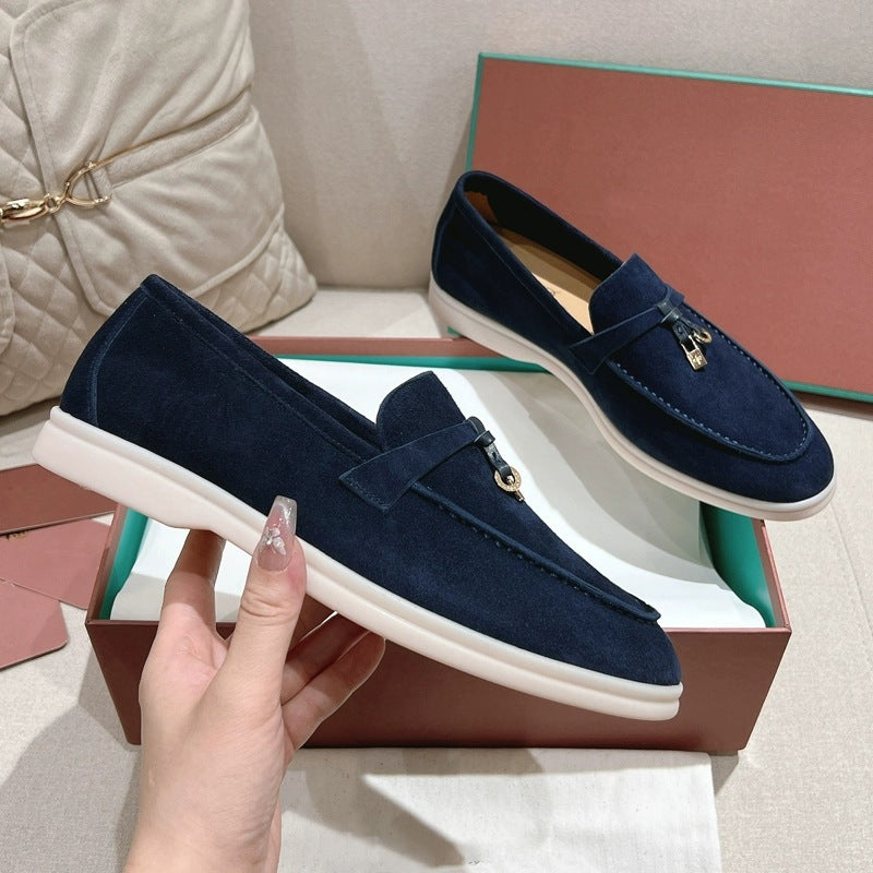 Women's Sheepskin Slip-on Pumps British Tassel Buckle Deep Mouth Loafers
