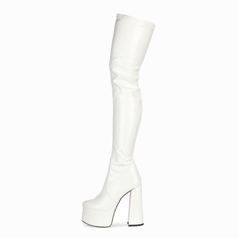 Women's Chunky Waterproof Platform Patent Round Toe High White Heels