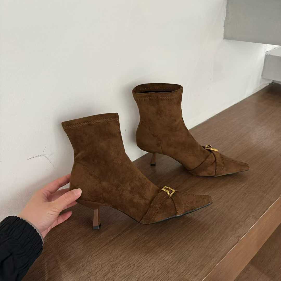 Style Vintage Suede High Female Temperament Pointed Stiletto Metal Buckle Women's Leather Boots