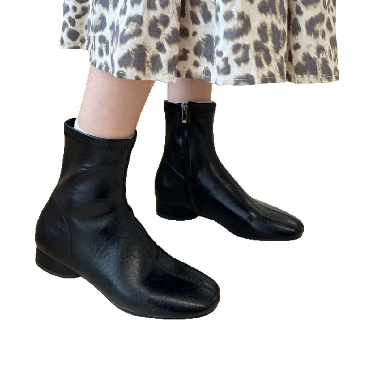 Women's Square Toe Martin Thick Thin French Women's Leather Boots